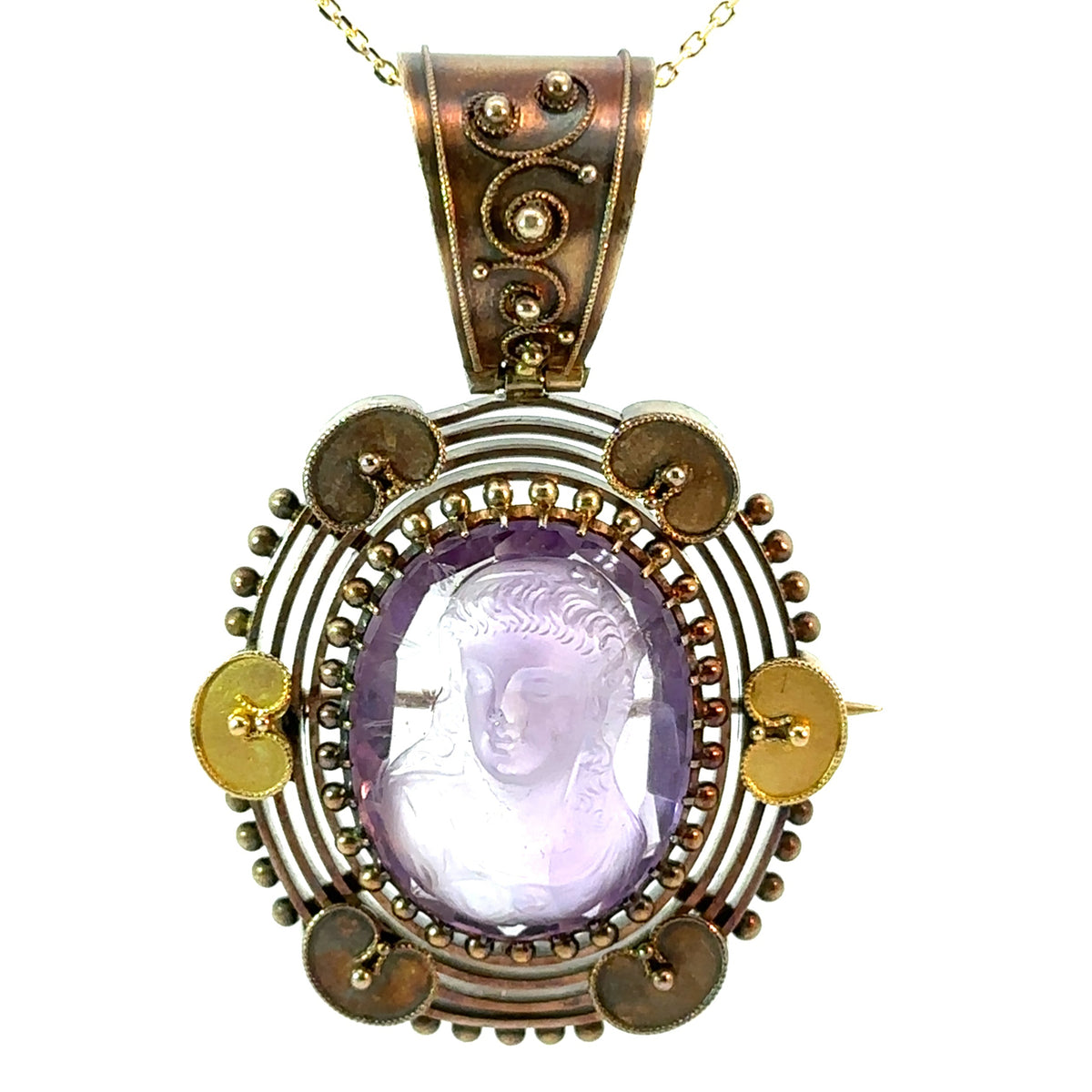 Antique Victorian Edwardian Bezel Set Amethyst Paste Glass  Handcrafted Victorian lady cameo vintage bead genuine amethyst pendant necklace main image 1