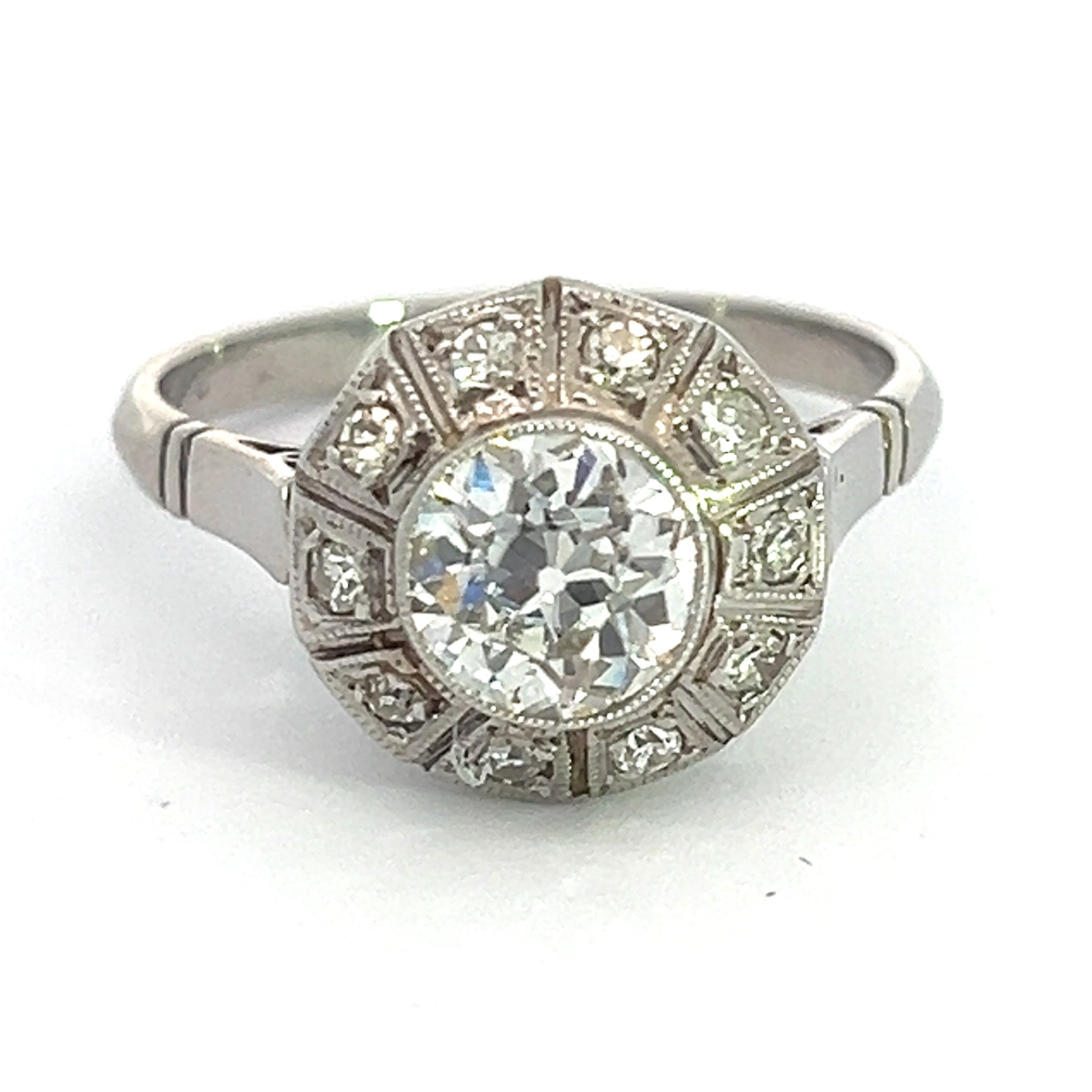 Art Deco Platinum 1.30ct Old Mine Cut + 1.20cttw Side Diamonds Ring