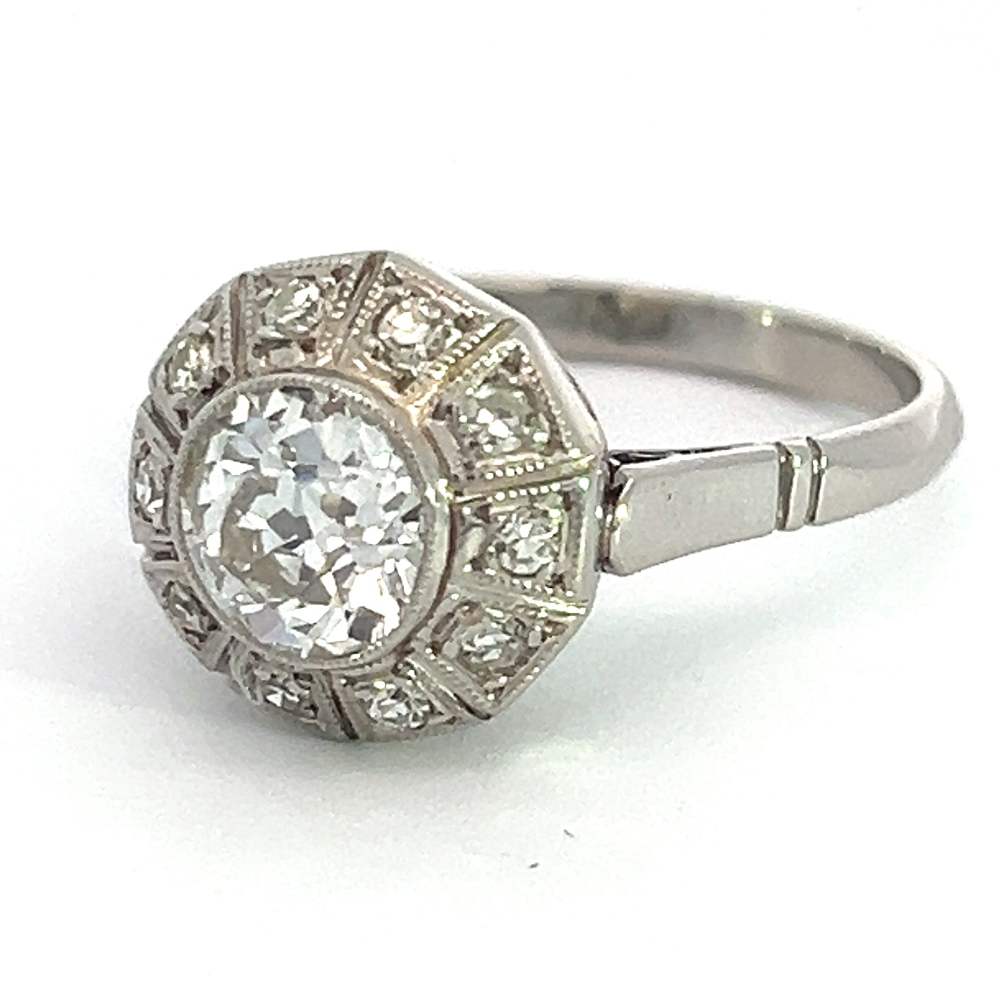 Art Deco Platinum 1.30ct Old Mine Cut + 1.20cttw Side Diamonds Ring