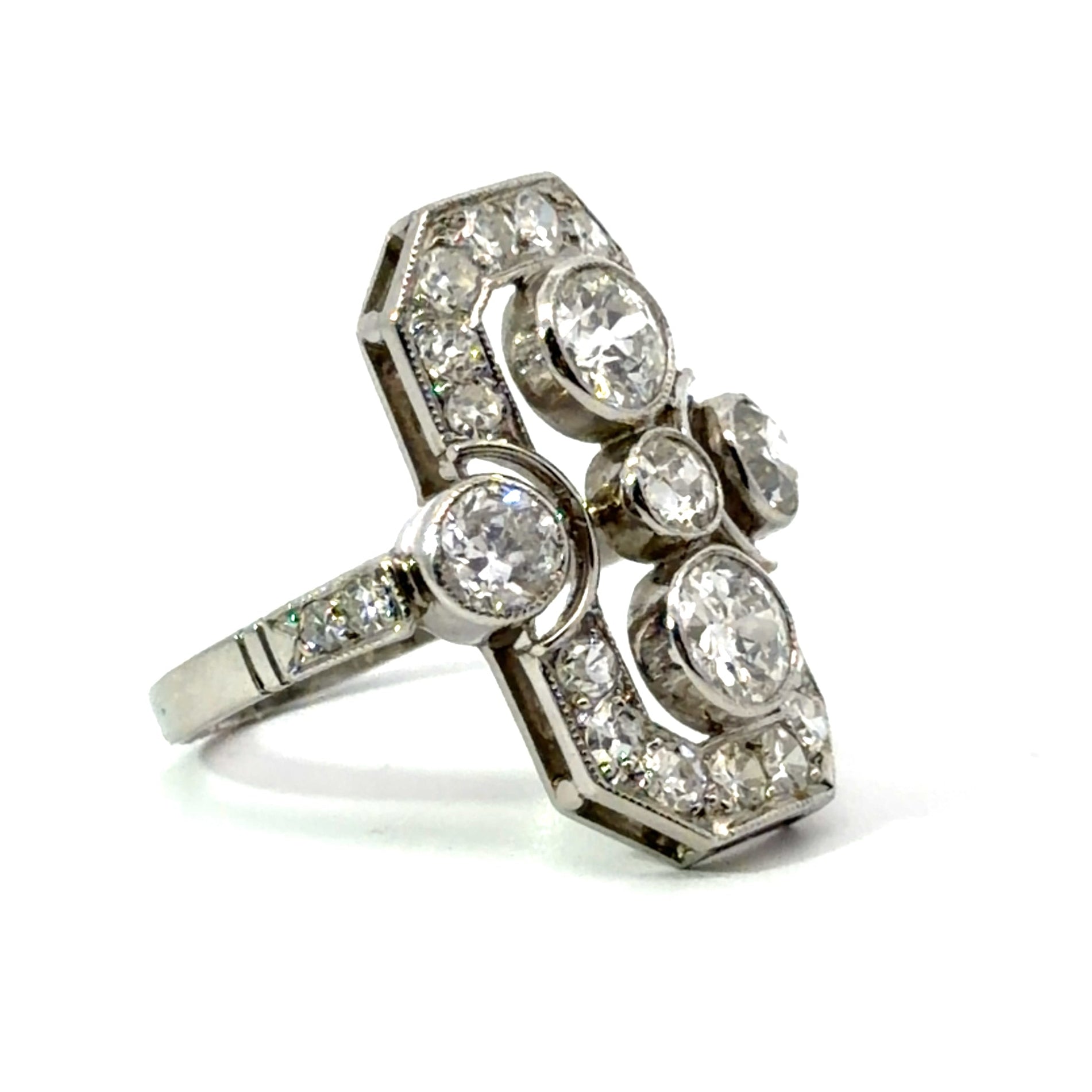 Art Deco Platinum 2.90cttw Old Mine Cut + Antique Single Cuts Cocktail Ring
