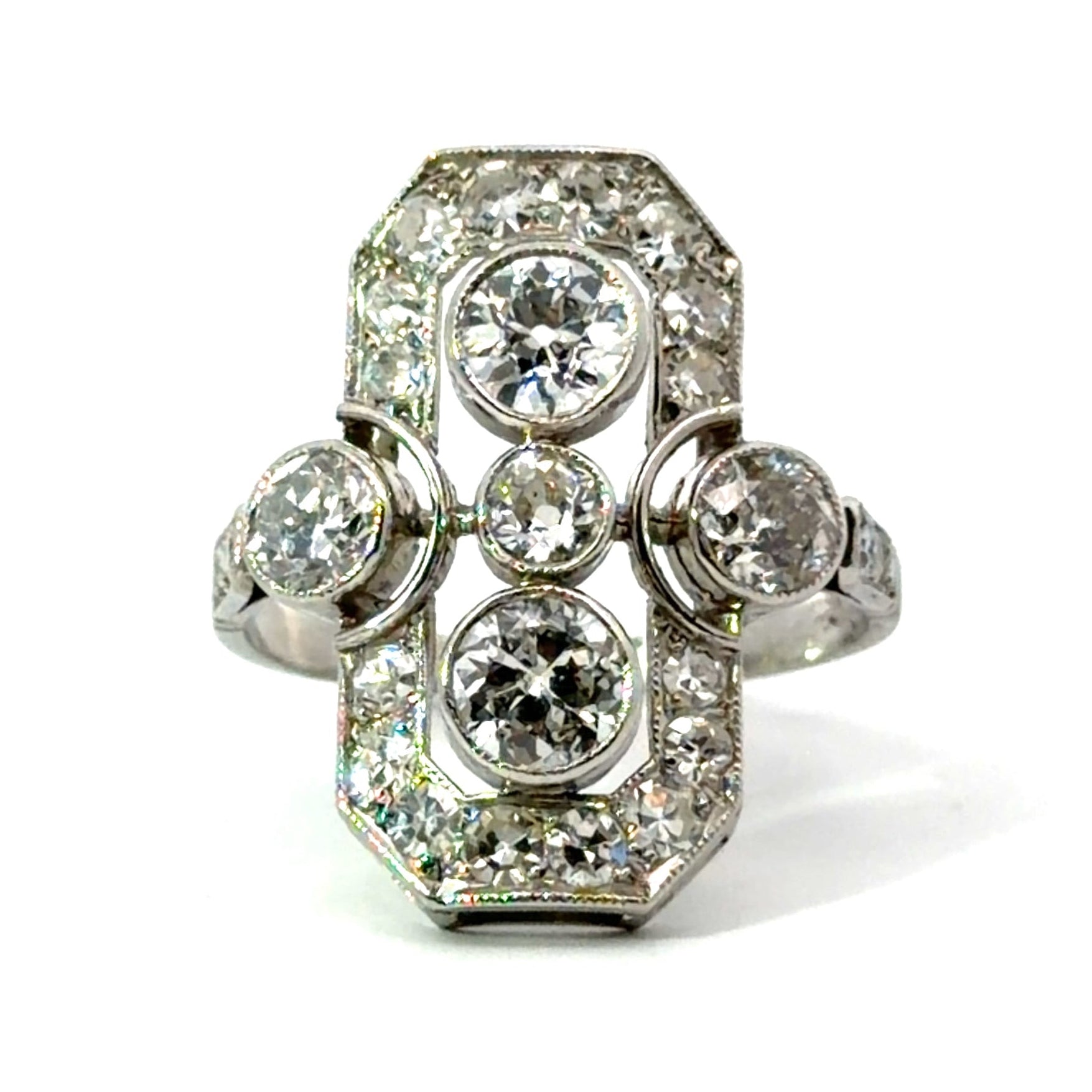 Art Deco Platinum 2.90cttw Old Mine Cut + Antique Single Cuts Cocktail Ring
