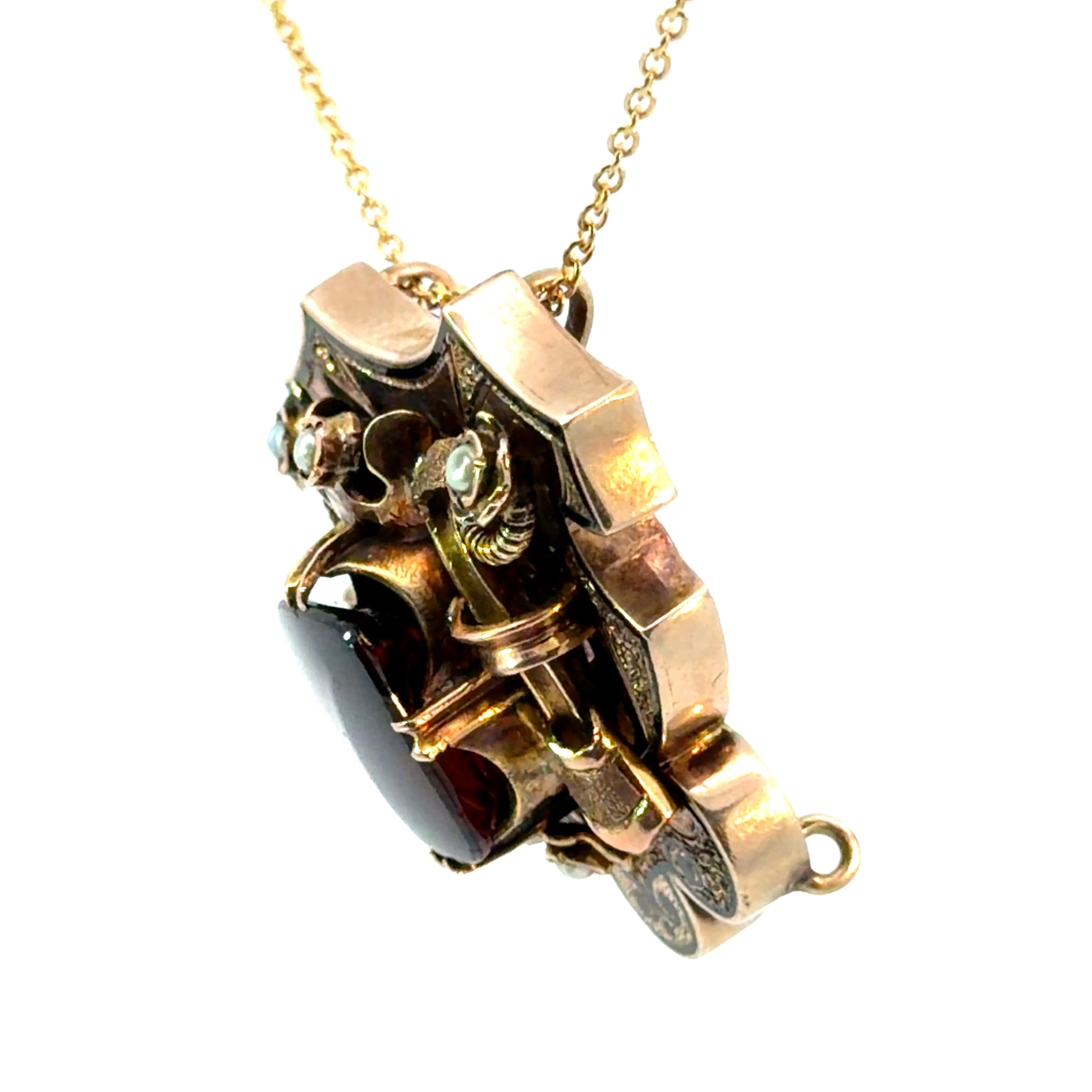 Victorian 14ktyg 6ct garnet + seed pearl with black enamel necklace