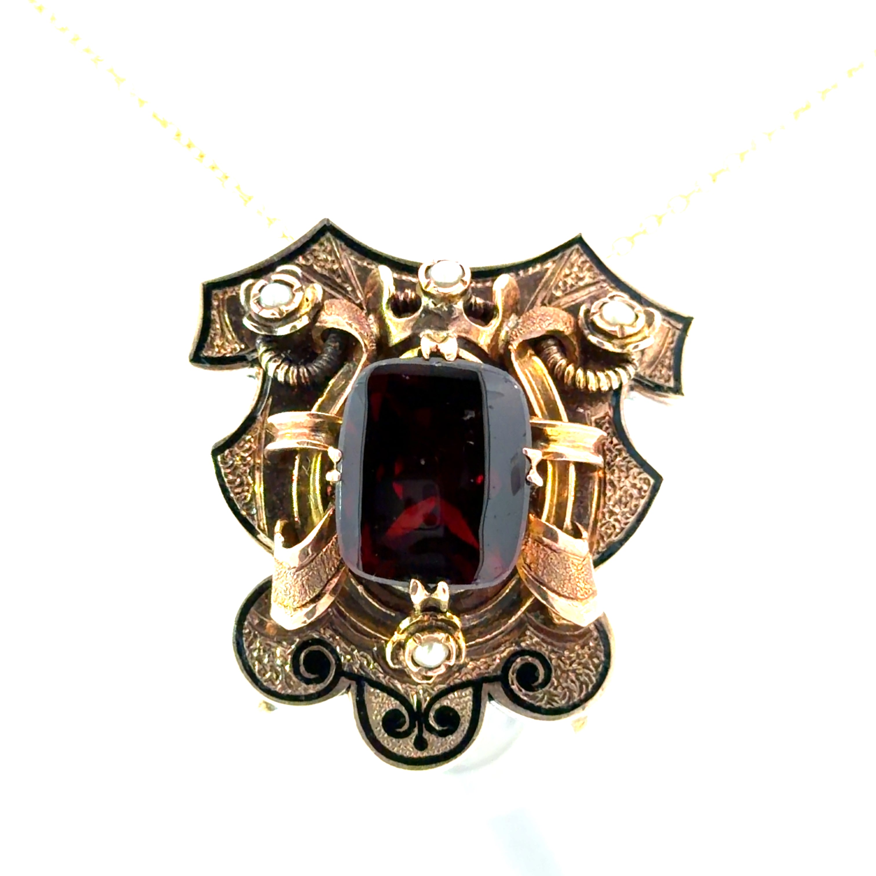 Victorian 14ktyg 6ct garnet + seed pearl with black enamel necklace