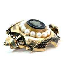 Load image into Gallery viewer, Victorian 15ktyg Onyx cameo of Grecian woman + pearls+ black enamel brooch