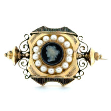 Load image into Gallery viewer, Victorian 15ktyg Onyx cameo of Grecian woman + pearls+ black enamel brooch
