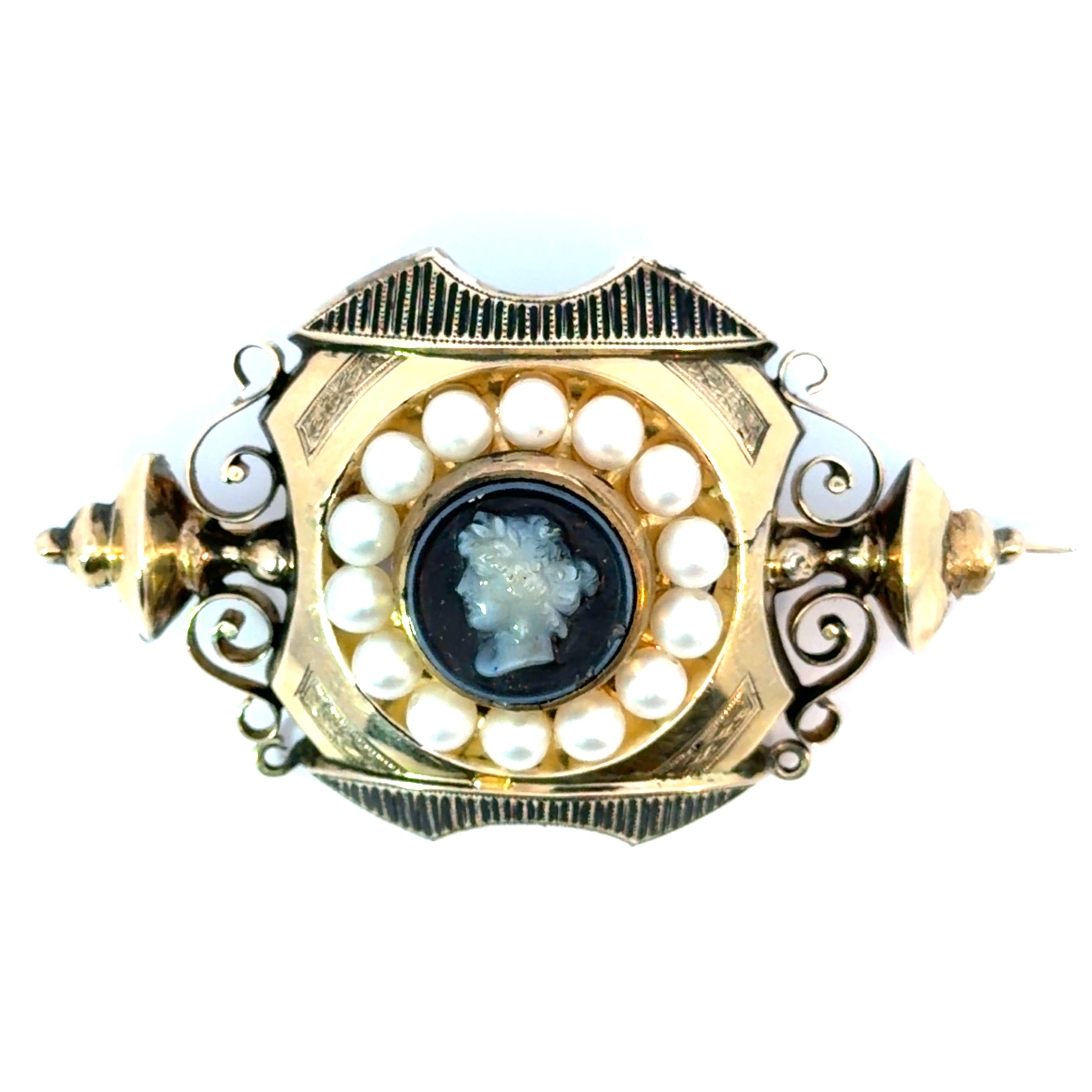 Victorian 15ktyg Onyx cameo of Grecian woman + pearls+ black enamel brooch