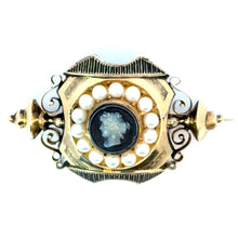 Load image into Gallery viewer, Victorian 15ktyg Onyx cameo of Grecian woman + pearls+ black enamel brooch
