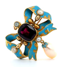 Load image into Gallery viewer, Victorian 18ktyg 5ct Garnet + Pearls/Drop + Turquoise Blue Enamel Brooch/Pendnant
