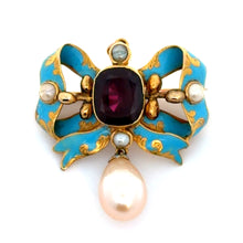 Load image into Gallery viewer, Victorian 18ktyg 5ct Garnet + Pearls/Drop + Turquoise Blue Enamel Brooch/Pendnant