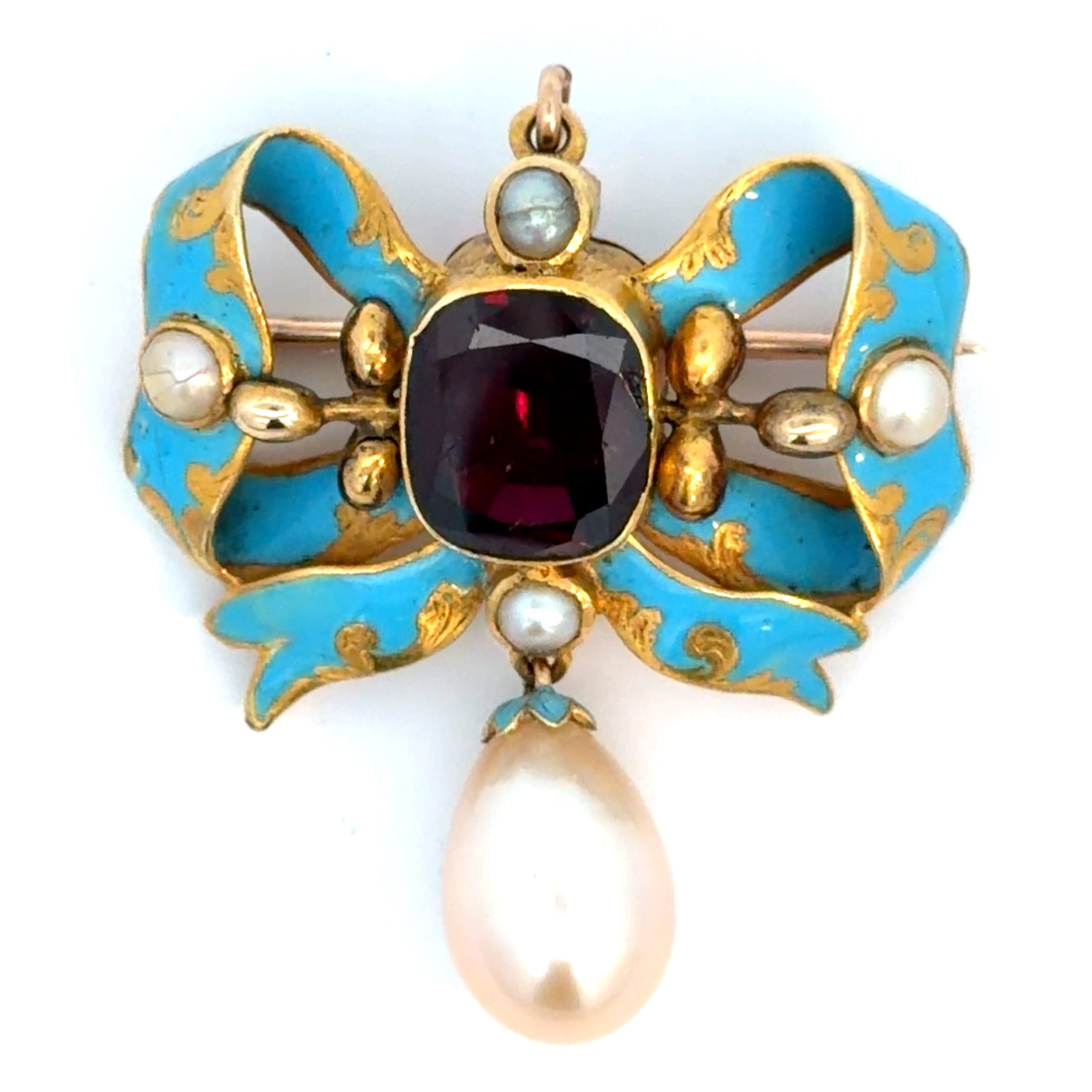 Victorian 18ktyg 5ct Garnet + Pearls/Drop + Turquoise Blue Enamel Brooch/Pendnant