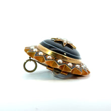 Load image into Gallery viewer, Victorian 18ktyg Banded Agate + Seed Pearl + Black Enamel Brooch