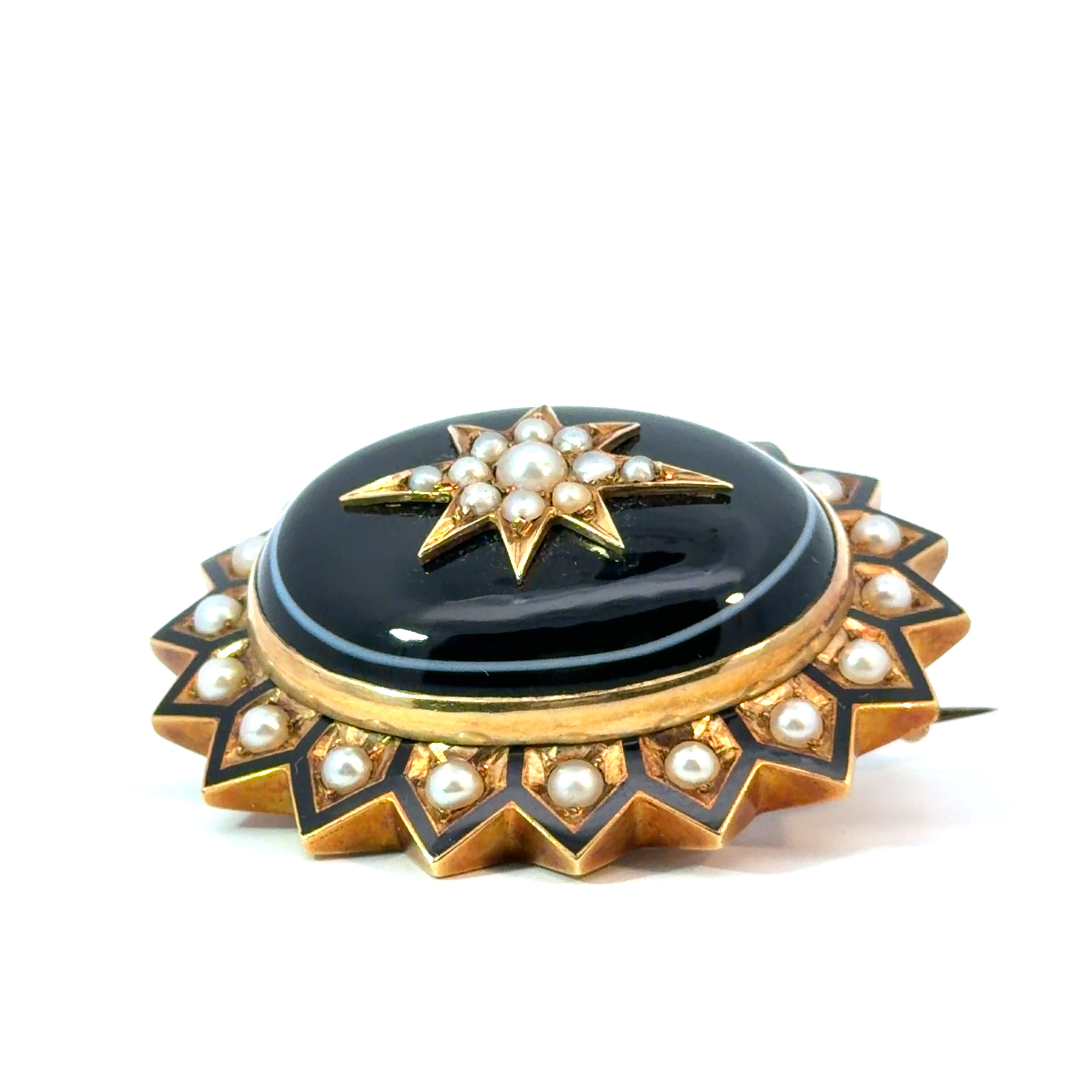 Victorian 18ktyg Banded Agate + Seed Pearl + Black Enamel Brooch