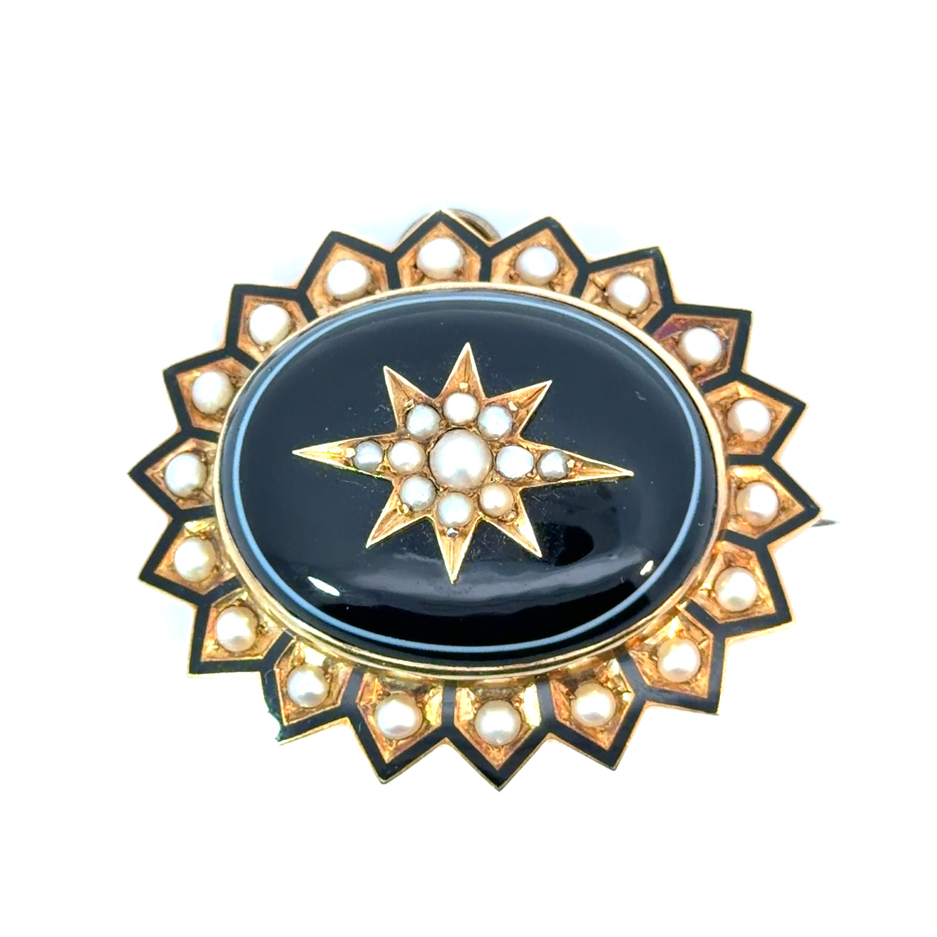 Victorian 18ktyg Banded Agate + Seed Pearl + Black Enamel Brooch