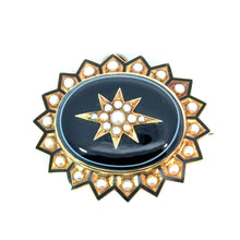 Load image into Gallery viewer, Victorian 18ktyg Banded Agate + Seed Pearl + Black Enamel Brooch