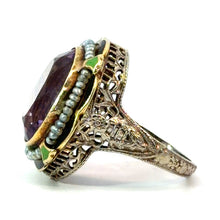 Load image into Gallery viewer, Victorian 14ktyg 8ct Amethyst + Seed Pearls + Green/Black Enamel Ring