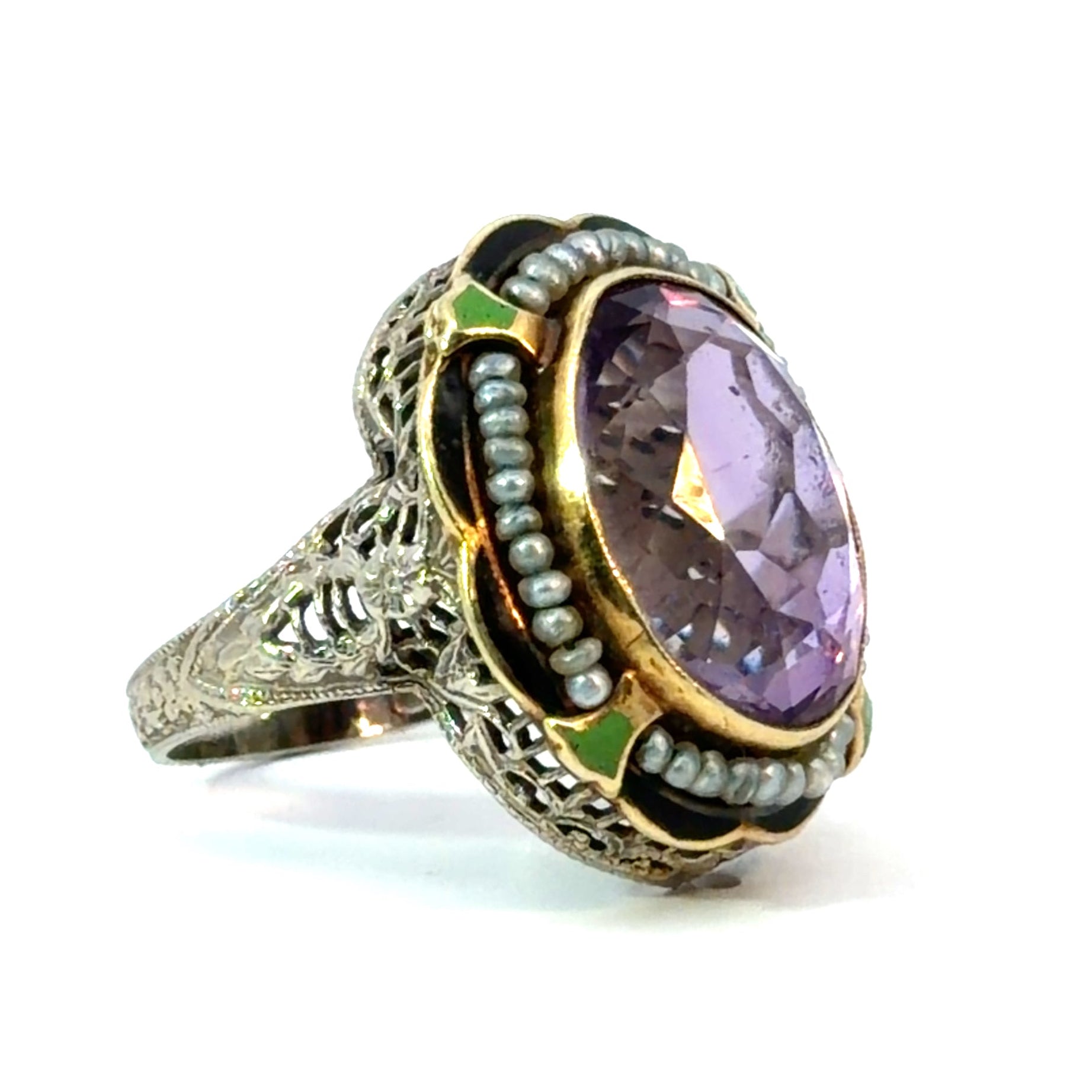 Victorian 14ktyg 8ct Amethyst + Seed Pearls + Green/Black Enamel Ring