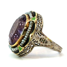 Load image into Gallery viewer, Victorian 14ktyg 8ct Amethyst + Seed Pearls + Green/Black Enamel Ring