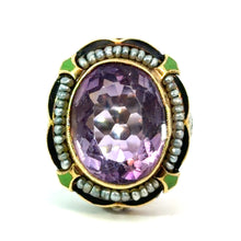 Load image into Gallery viewer, Victorian 14ktyg 8ct Amethyst + Seed Pearls + Green/Black Enamel Ring