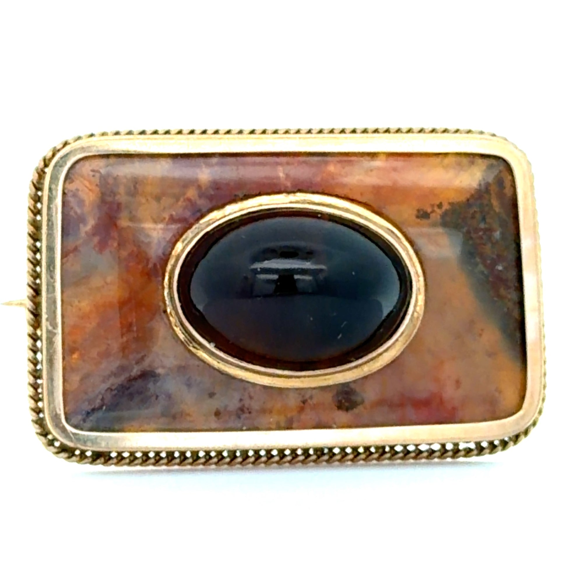 Victorian 12kt Rose Gold 9ct Garnet Bezel set on top of Agate Brooch