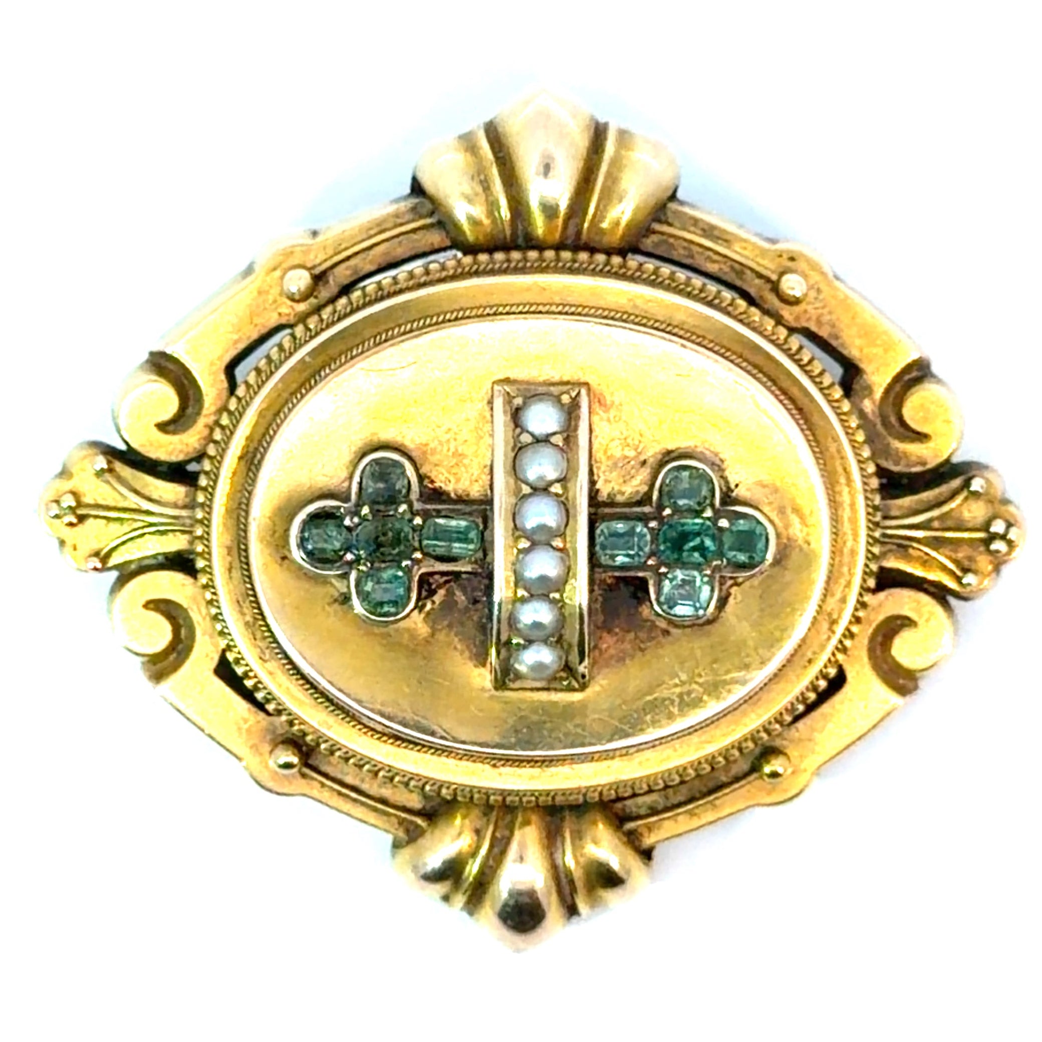 Victorian 15ktyg .50ct emeralds + natural pearls locket pendant