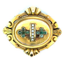 Load image into Gallery viewer, Victorian 15ktyg .50ct emeralds + natural pearls locket pendant