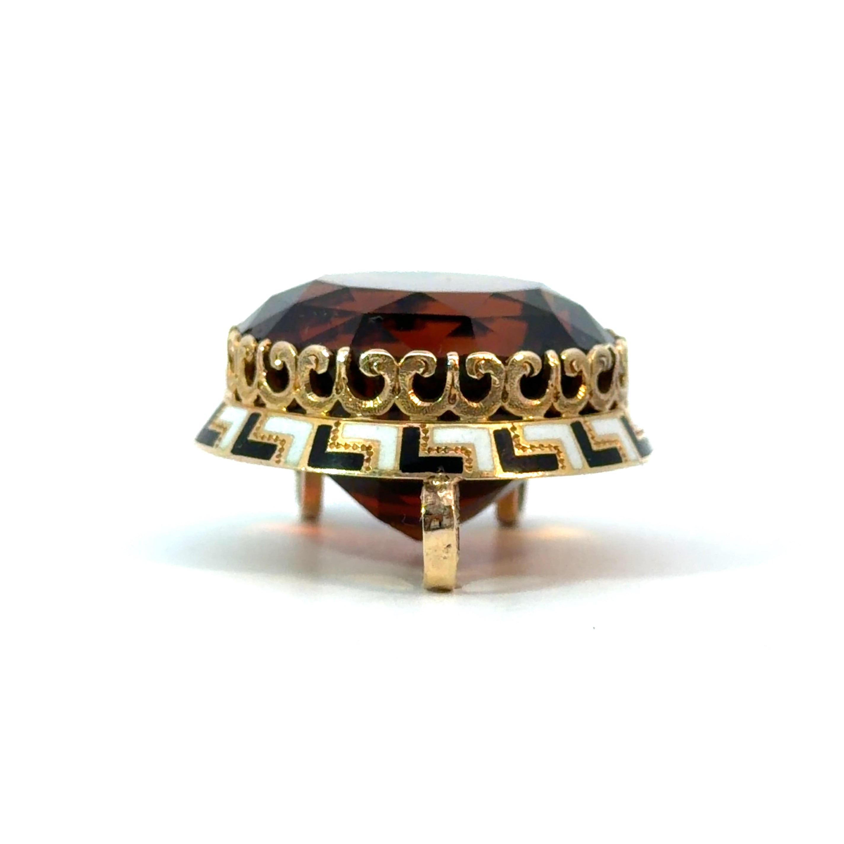Mid Century 14ktyg approx 20ct Madiera Citrine + Greek Key black /White Enamel Necklace