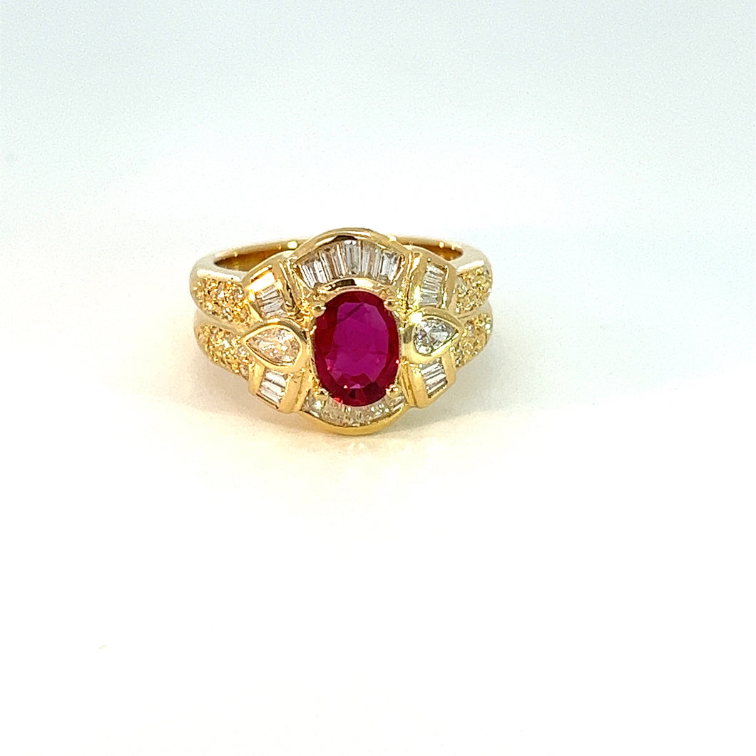 Late Century 18kt Yellow Gold 1ct Ruby + .83cttw Diamond Ring