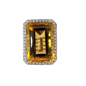 Late Century 14kt White Gold 55ct Emerald Cut Citrine + 1.65cttw Diamonds Ring