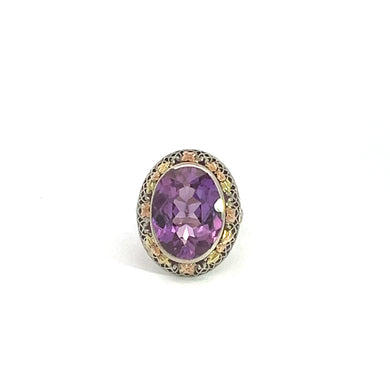 The Victorian 14kt Tri-Color 7.5ct Amethyst Filigree Ring features an ornate design with an oval-cut purple gemstone in the center. The gemstone is encircled by a detailed metal band showcasing intricate designs and a harmonious blend of silver and gold tones, exuding an antique charm reminiscent of Victorian jewelry. The plain white background accentuates the ring's elegant craftsmanship.