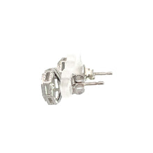 Load image into Gallery viewer, A close-up image of a pair of platinum-topped and 14kt white gold stud earrings with transparent backs. The earrings feature hexagonal settings, designed to accommodate 1.09ct Old European Cut Diamonds, but no stones are visible in this view. Crafted in an Art Deco style, the plain white background emphasizes the details of these exquisite &quot;Art Deco Platinum Topped &amp; 14kt White Gold 1.09ct Old European Cut Diamond Hexagon Frame Studs.