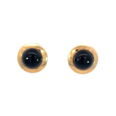 Introducing the Late Century 14kt Yellow Gold Onyx Button Style Earrings. These round, polished accessories feature a central black onyx stone gracefully set within a yellow gold casing. Their classic and elegant design shines against a plain white background, showcasing vintage charm and sophistication.