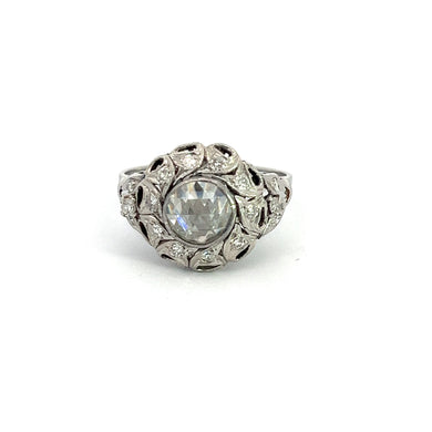 Late Art Deco Palladium 1ct rose cut diamond + .50cttw diamond ring