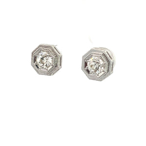 A pair of Art Deco Platinum Topped & 14kt White Gold 1.09ct Old European Cut Diamond Hexagon Frame Studs is displayed against a plain white background.