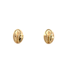 Load image into Gallery viewer, A pair of small, oval-shaped gold earrings with smooth surfaces is displayed against a white background. Reminiscent of Art Deco 14kt Yellow &amp; White Gold Mother of Pearl Omega Back Earrings, the back reveals the clip mechanism for securing them to the ear.