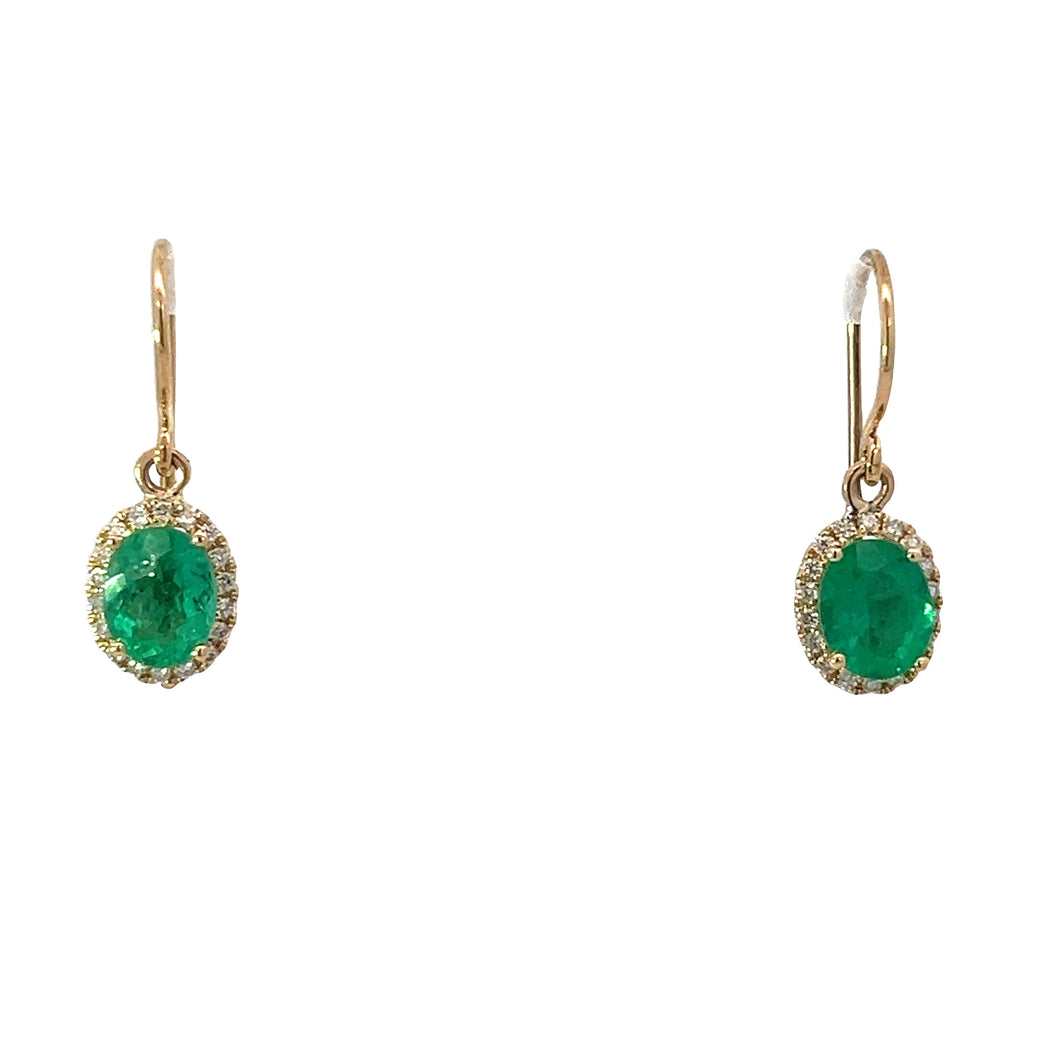 A pair of Late Century 14kt Yellow Gold Earrings featuring 2cttw emeralds surrounded by .20cttw diamonds, set against a white background.