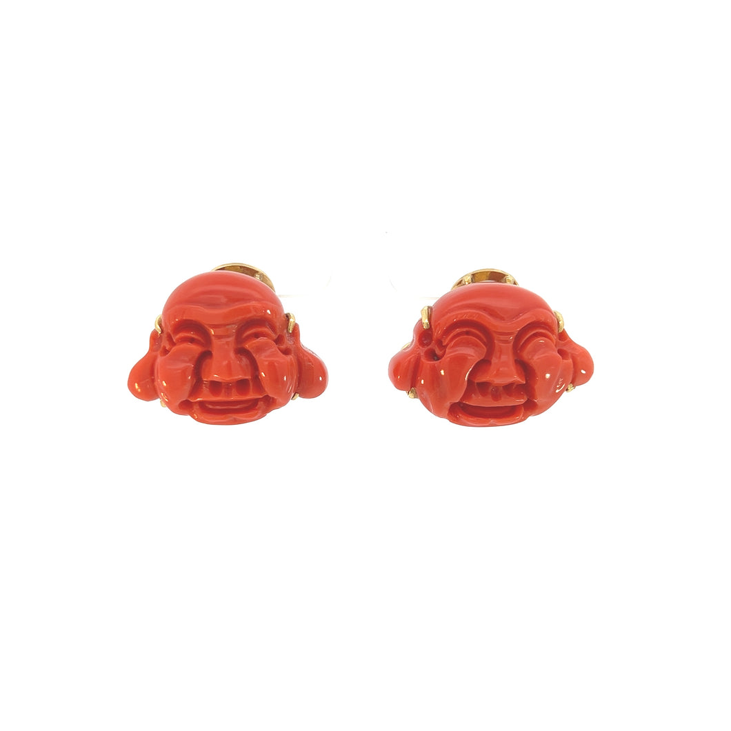 Mid Century 18k Yellow Gold Coral Carved Buddha Face Earrings