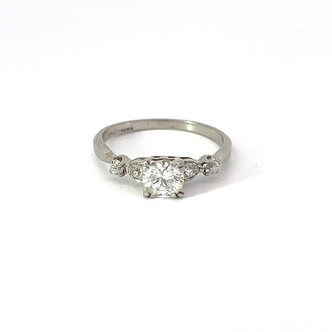 Art Deco Platinum.59ct Old European Cut Diamond + .28cttw Old Mine Cut Diamond Ring