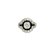 Load image into Gallery viewer, The Late Art Deco .90ct Round Brilliant Cut Diamond + 1.96cttw Diamonds Black Enamel Ring exudes vintage luxury with its central round diamond surrounded by smaller diamonds in a flower-shaped setting. The late Art Deco design features a striking black enamel accent around the main diamond, enhancing its intricate and elegant style.