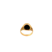 Load image into Gallery viewer, The Victorian 14kt Yellow Gold Bloodstone Ring features a large, round, dark green gemstone set in the center. The ring&#39;s simple and elegant design, with a smooth, shiny finish, highlights the vintage allure of the deep-colored gemstone against a plain white background.