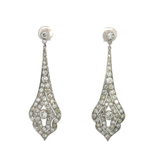 Load image into Gallery viewer, Introducing the exquisite Art Deco Platinum 8cttw Old Mine Cut &amp; Antique Cut Diamond Drop Earrings. These elegant drop earrings are crafted from platinum and feature a round stud with a larger teardrop-shaped section, both adorned with an array of small, sparkling diamonds arranged in intricate patterns. They exude timeless sophistication and antique charm.