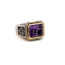 Load image into Gallery viewer, Product Data Sentence: The Late Century Konstantino Sterling Silver &amp; 18kt Yellow Gold 5ct Emerald Cut Amethyst Ring showcases a substantial rectangular purple gemstone secured in an 18kt yellow gold bezel setting. The ring features intricate decorative elements on its band, including an anchor-inspired design, lending it a classic and elegant appearance.