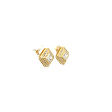 Load image into Gallery viewer, Introducing the Late Century 14kt Yellow Gold Stud Earrings, featuring sophisticated square designs adorned with intricate detailing around central princess cut diamonds. The pair showcases a stunning .92ct and .95ct diamond along with a total of .33cttw accent stones. These geometric, modern earrings are presented on a simple white background, highlighting their elegance and craftsmanship.