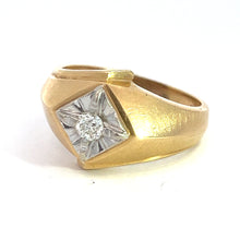 Load image into Gallery viewer, The Late Century 14kt Two Tone Gold .25ct Old Mine Cut Diamond Ring showcases a polished gold band featuring a central diamond set in a square-cut, silver-colored setting. Its vintage charm is accentuated by clean lines and a slightly angular shape. This two-tone gold ring brilliantly catches and reflects light, adding sparkle to its timeless elegance.
