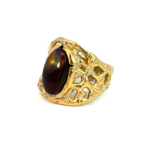 Load image into Gallery viewer, The Late Century 14ktyg Freeform 5ct Fire Agate Ring is an ornate piece crafted from 14kt yellow gold, boasting an open lattice design that cradles a large, oval-shaped, iridescent dark fire agate stone in the center. Its intricate structure mimics organic, natural patterns, providing a hint of vintage charm.