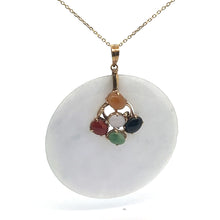 Load image into Gallery viewer, A Late Century 14ktyg necklace showcases a large, round lavender jade pendant adorned with a delicate arrangement of five small, multi-colored jade beads—featuring hues such as red, white, green, orange, and black—set in 14kt yellow gold.