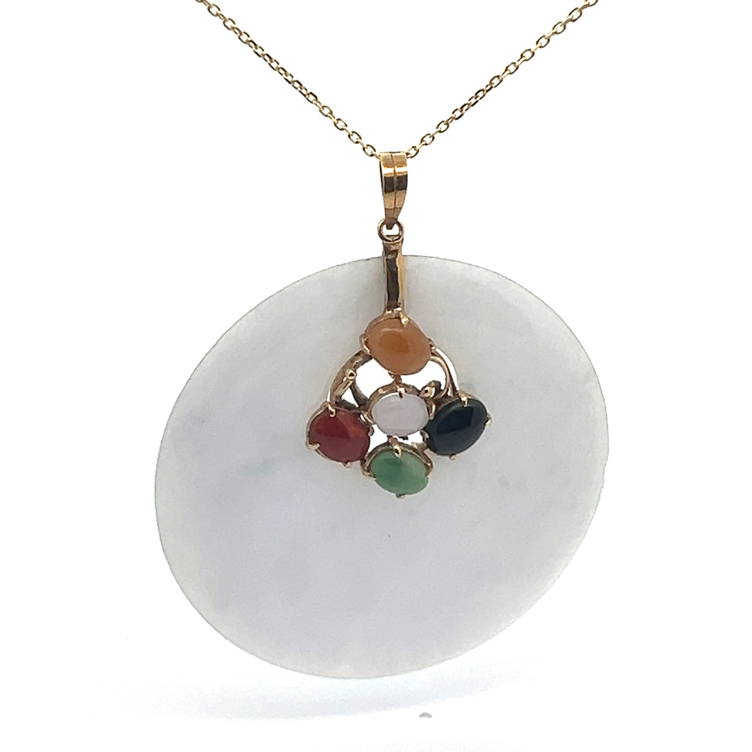 A Late Century 14ktyg necklace showcases a large, round lavender jade pendant adorned with a delicate arrangement of five small, multi-colored jade beads—featuring hues such as red, white, green, orange, and black—set in 14kt yellow gold.