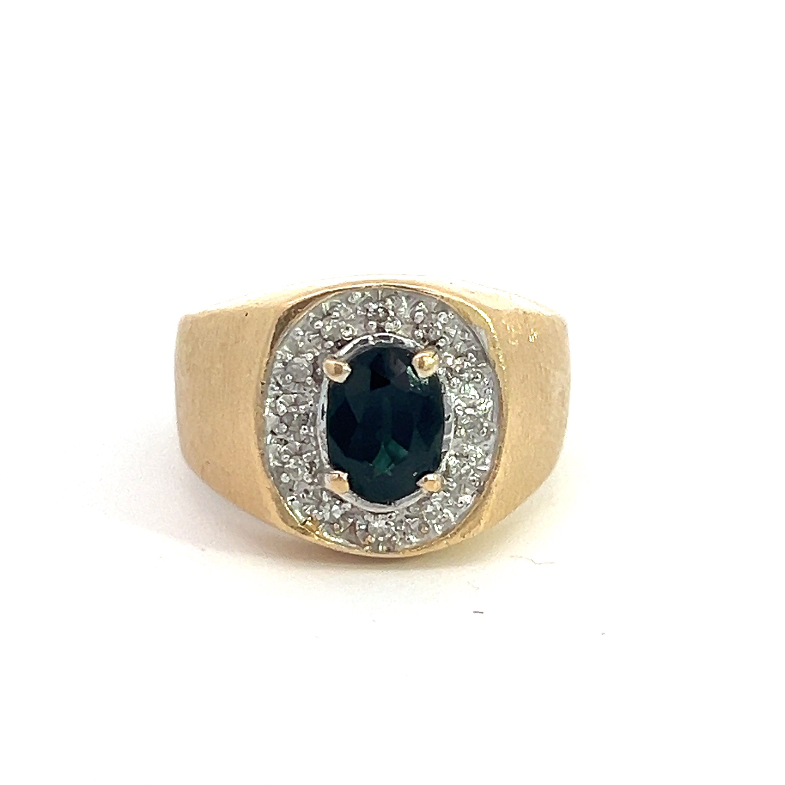 The Late Century 14ktyg 2ct Sapphire + .30cttw Diamond Ring features a large oval-shaped black sapphire at its center, bordered by small, sparkling diamonds on a solid gold background. Its wide band boasts a smooth finish, adding to the ring's elegant design.