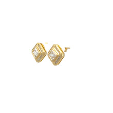 Load image into Gallery viewer, Late Century 14kt Yellow Gold Studs featuring stunning princess cut diamonds, including a central .92ct and .95ct diamond surrounded by smaller .33cttw diamonds in a geometric design.