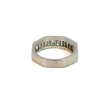 Load image into Gallery viewer, A silver octagonal ring with a smooth, polished surface and a detailed inner design is shown against a plain white background. The ring boasts classic elegance with its angular, modern appearance and defined edges, reminiscent of the Late Century Platinum Henri Carre 1.50cttw Emerald Cut Diamond Band.