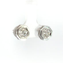 Load image into Gallery viewer, The Art Deco Platinum Topped &amp; 14kt White Gold 1.09ct Old European Cut Diamond Hexagon Frame Studs feature a pair of round, Old European Cut diamonds set in hexagonal platinum-topped 14kt white gold frames. These vintage-style Art Deco earrings are displayed against a plain white background.